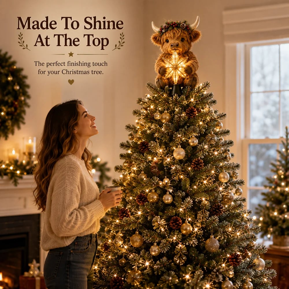 Woman looking at Highland Cow Christmas Tree Topper