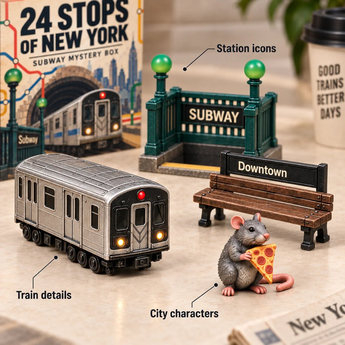 Close-up visualization of a subway car, green entrance, Downtown bench and pizza rat miniature