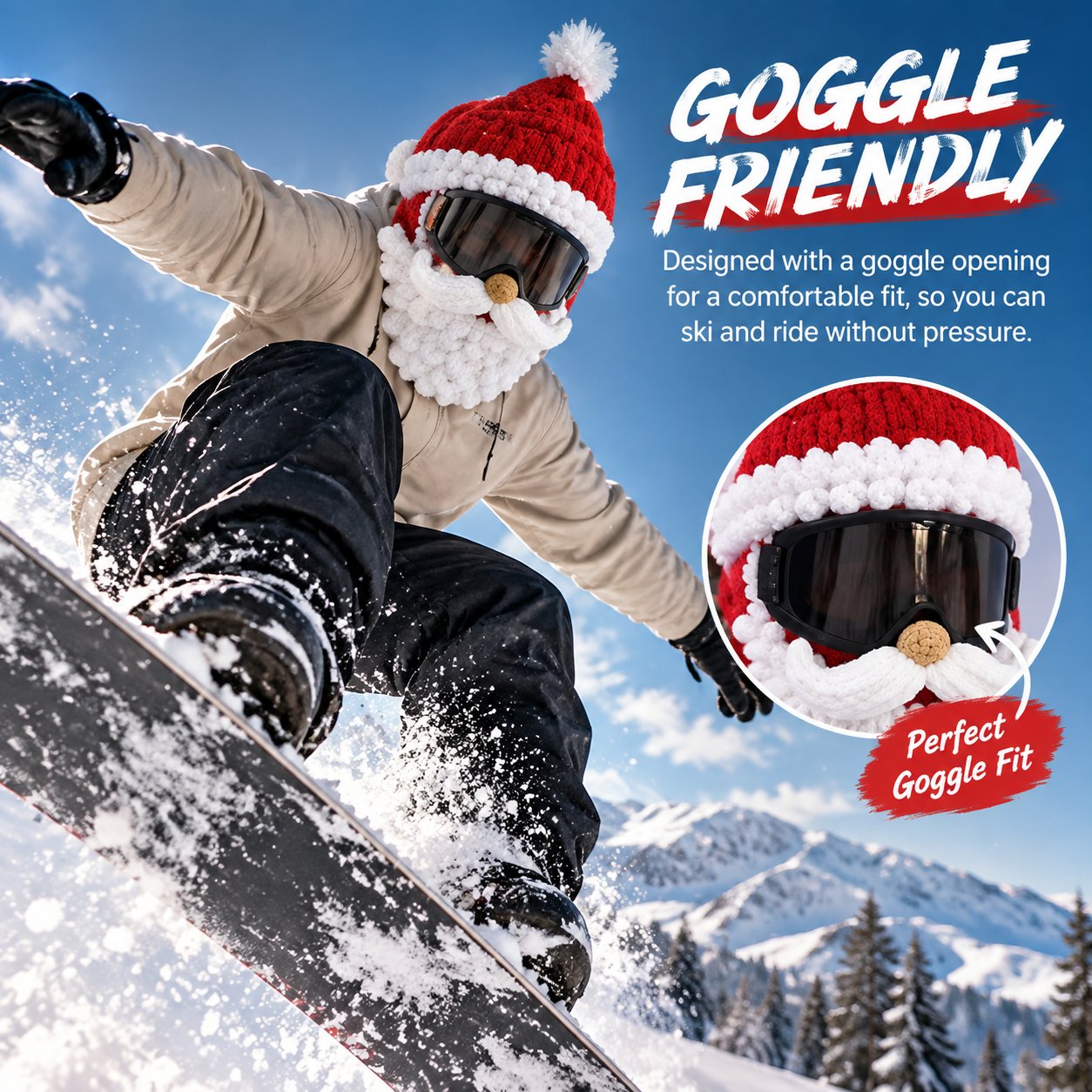 Kerst-skimasker gedragen met skibril en speciale oogopening