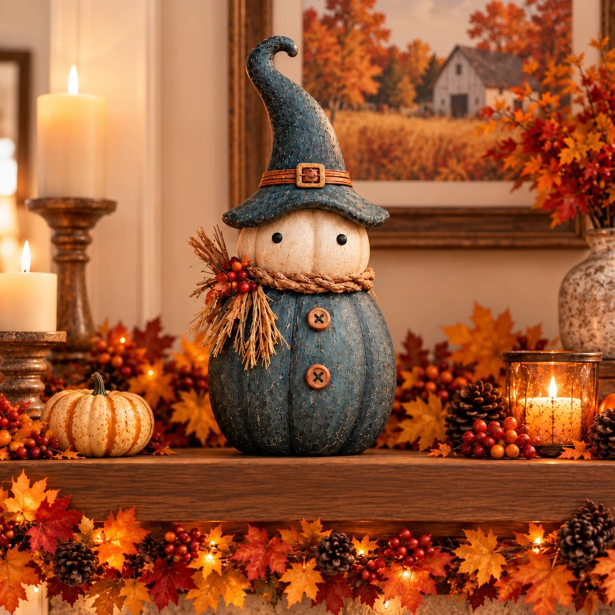 Large blue-green medium orange and small cream pumpkin witch figurines