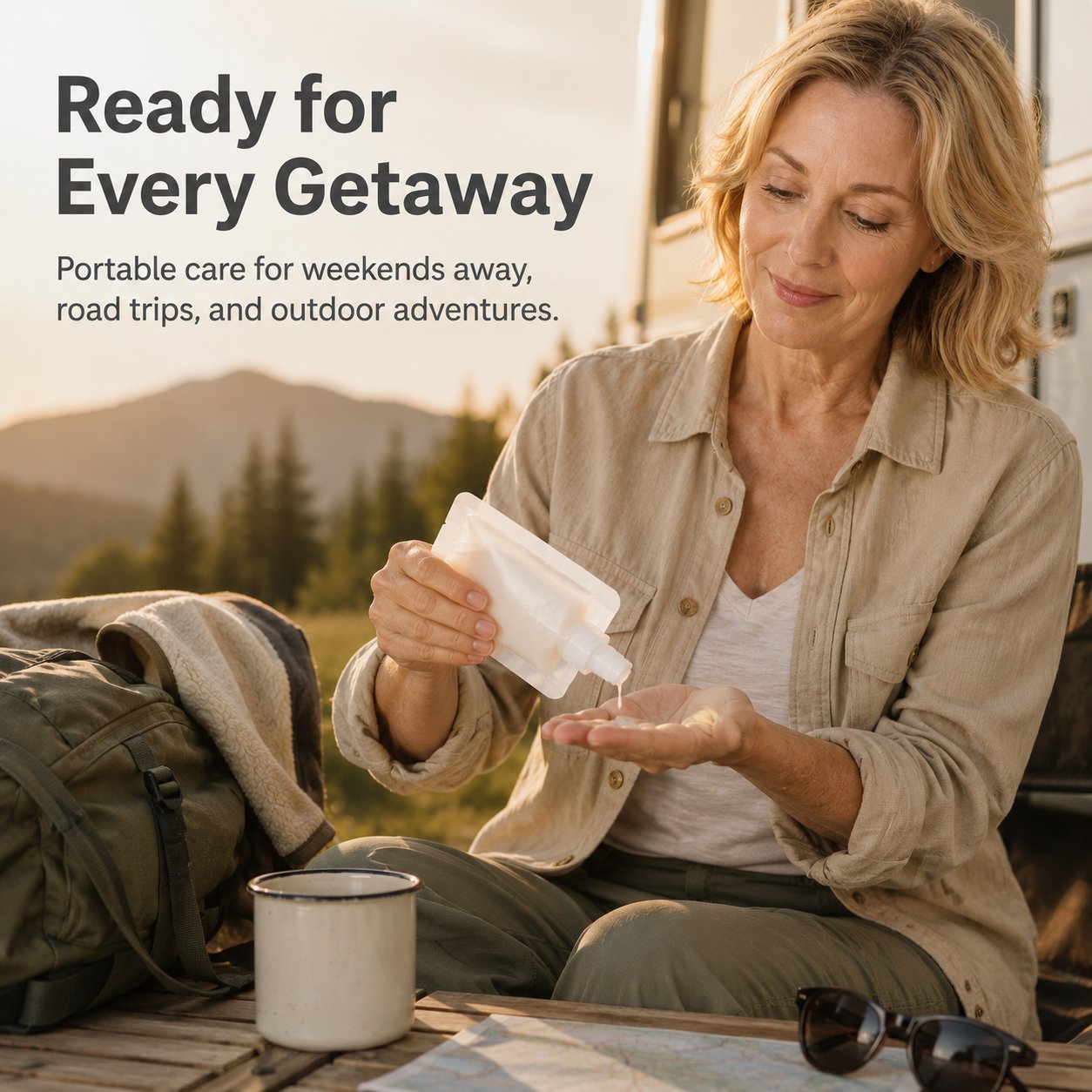Woman using a portable lotion pouch during a road trip or outdoor getaway