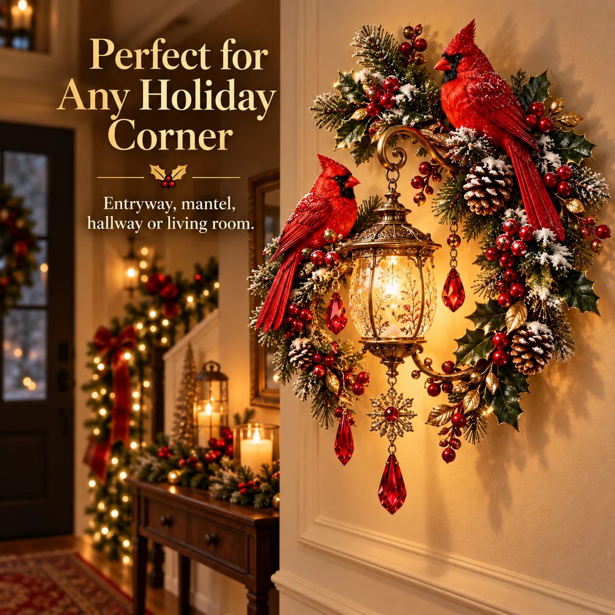 Cardinal lantern Christmas wall light displayed in an elegant entryway