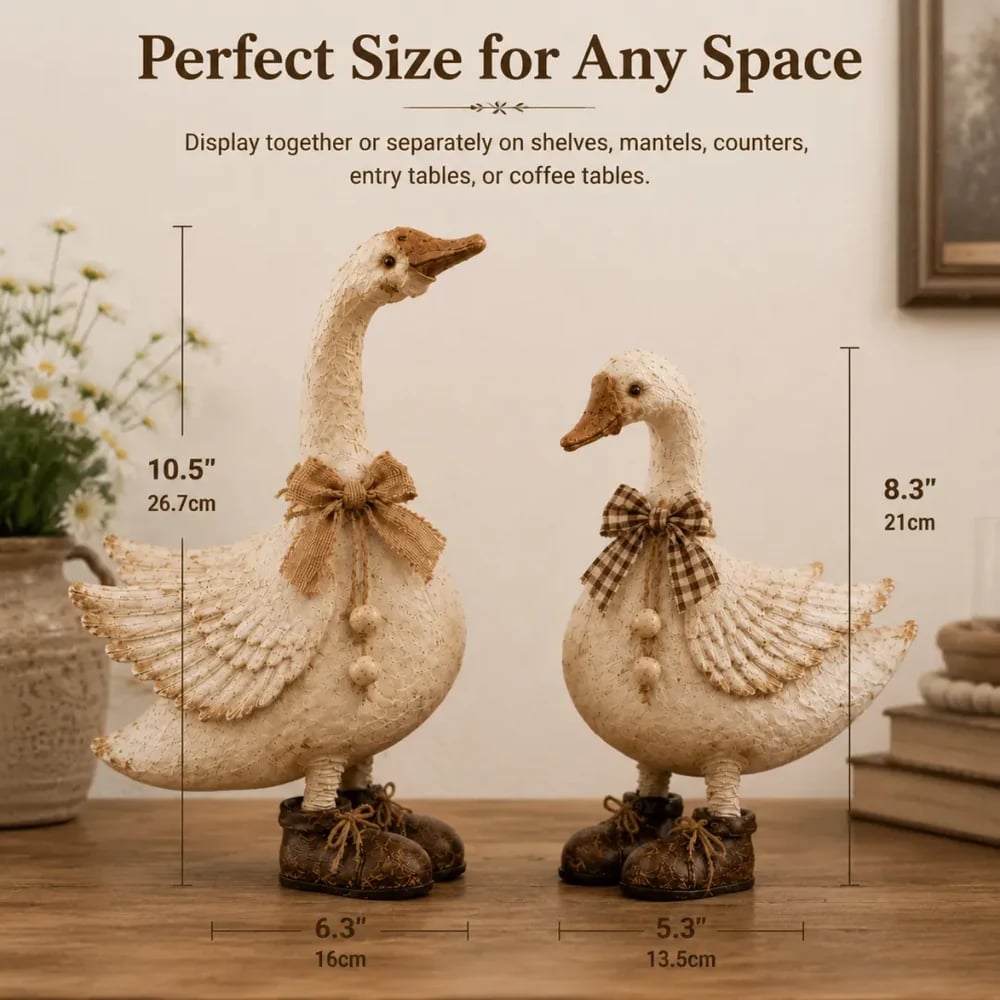 Cream farmhouse goose pair on a rustic table by a sunny window