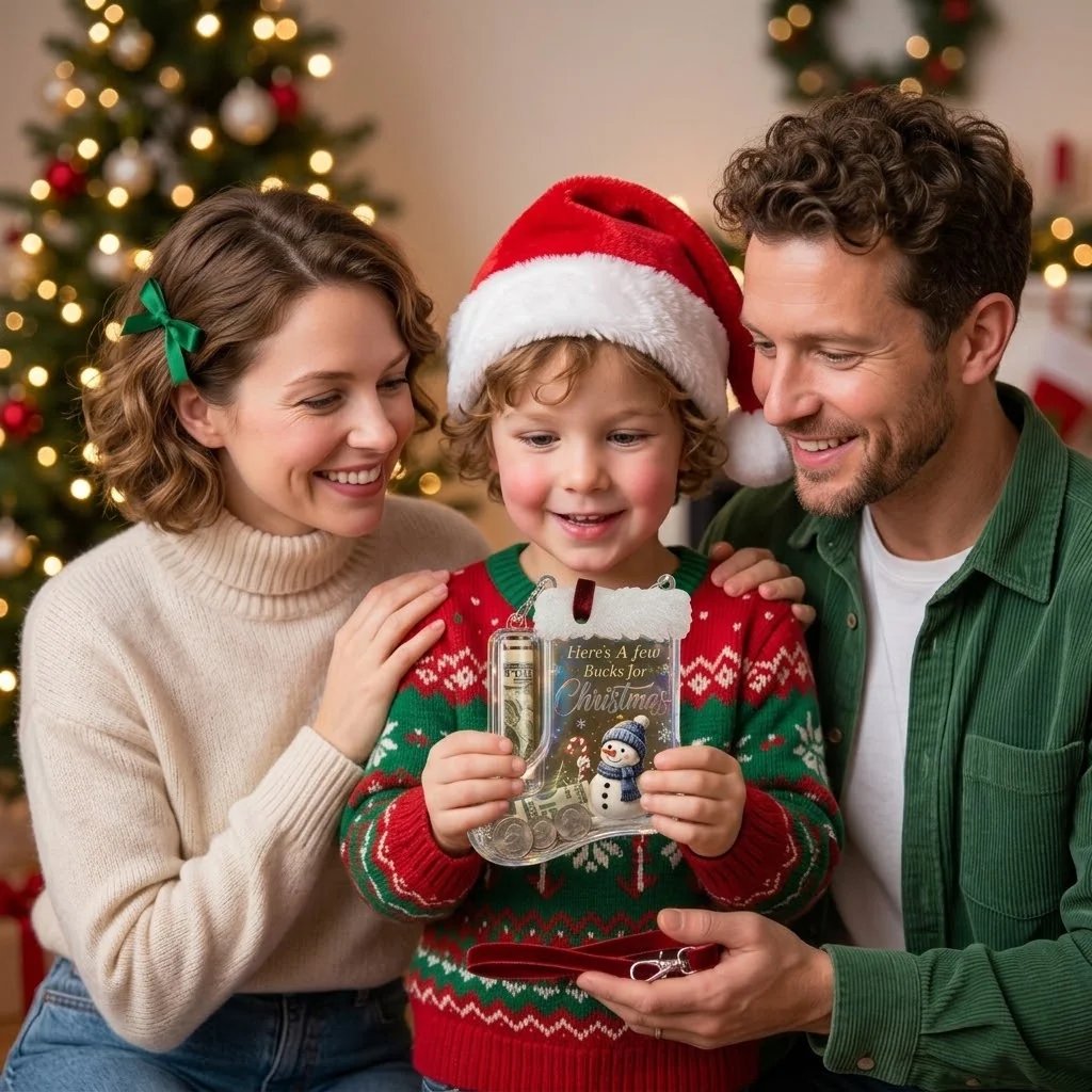 Dual storage Christmas money holder with bill capsule and coin pouch