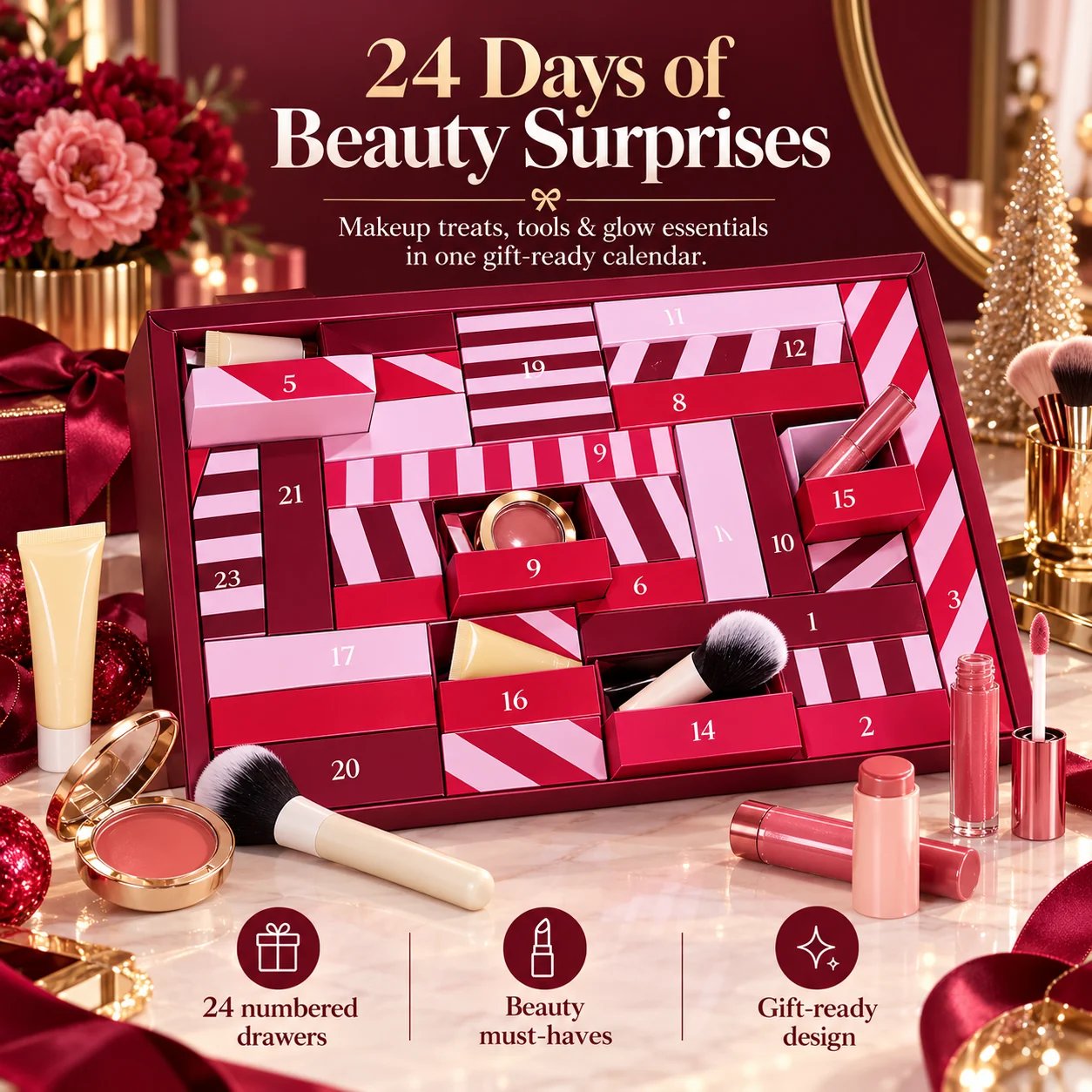 24-day beauty advent calendar with numbered red and pink drawers and beauty accessories