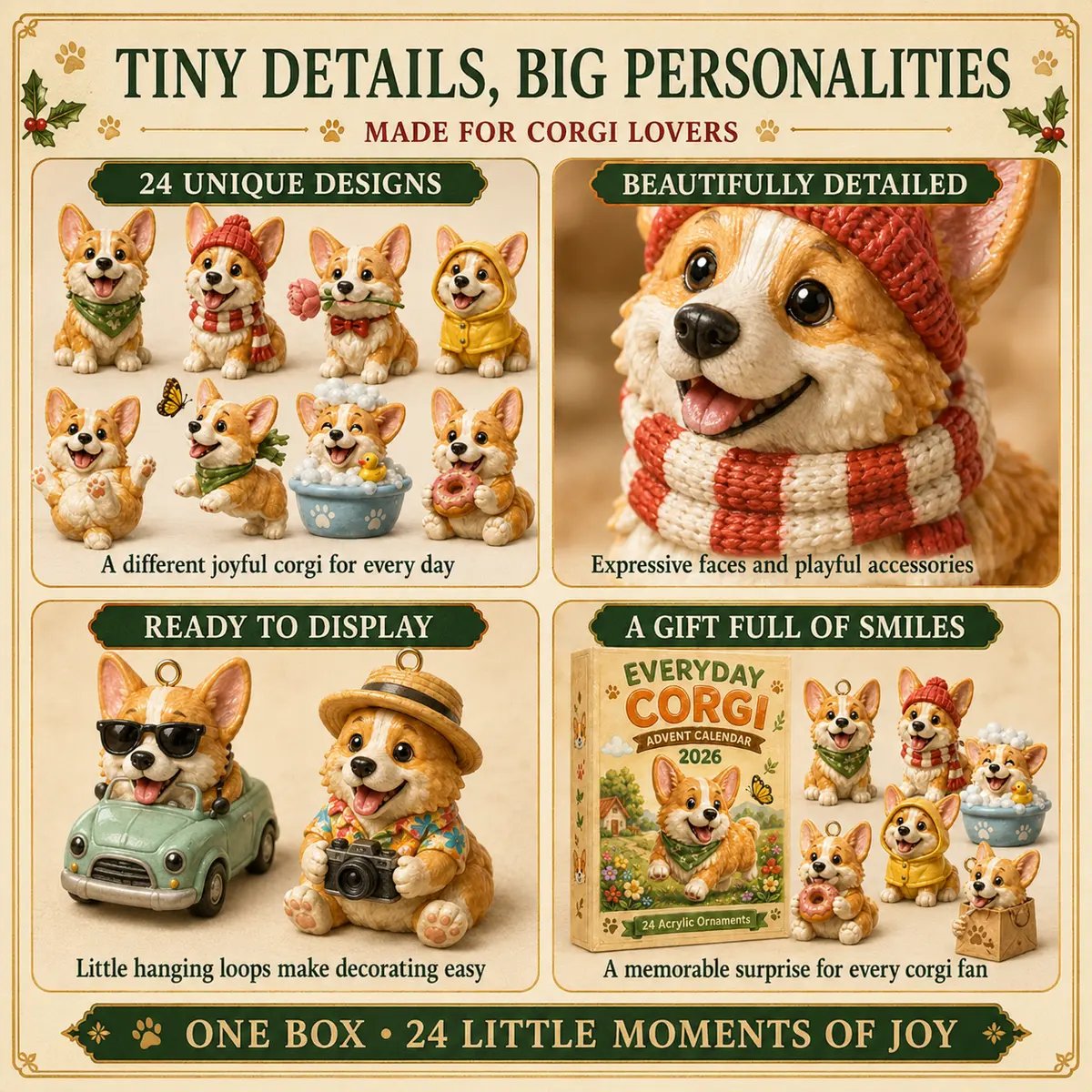 Feature collage showing unique Corgi designs, expressive details, hanging loops and the gift-ready calendar
