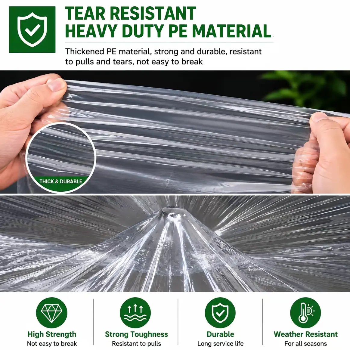 Transparent polyethylene tarp covering outdoor plants and home supplies