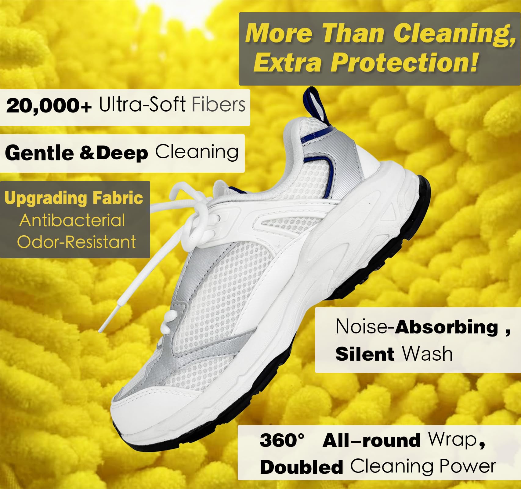 Sneaker surrounded by soft microfiber cleaning fibers