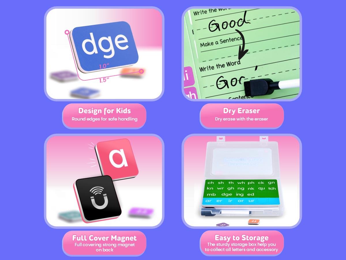 JoyCat Phonics Magnetic Letter Tiles- Hooked on Phonics, ABC Reading Games Set with Word-Building Folder & Storage Case, Letter Sound Alphabet Letters, Spelling Learning Game for Kids 3+, Preschool Pre k Classroom Materials