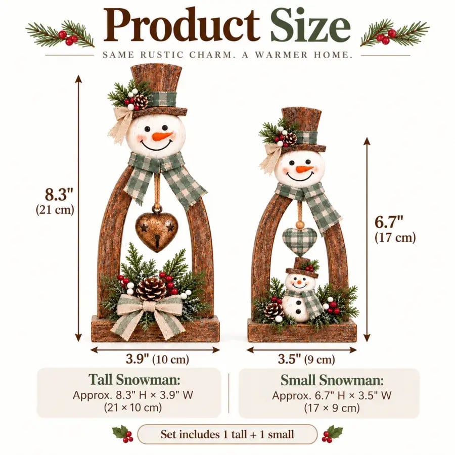 Size guide: large snowman 21 by 10 centimeters and small snowman 17 by 9 centimeters.
