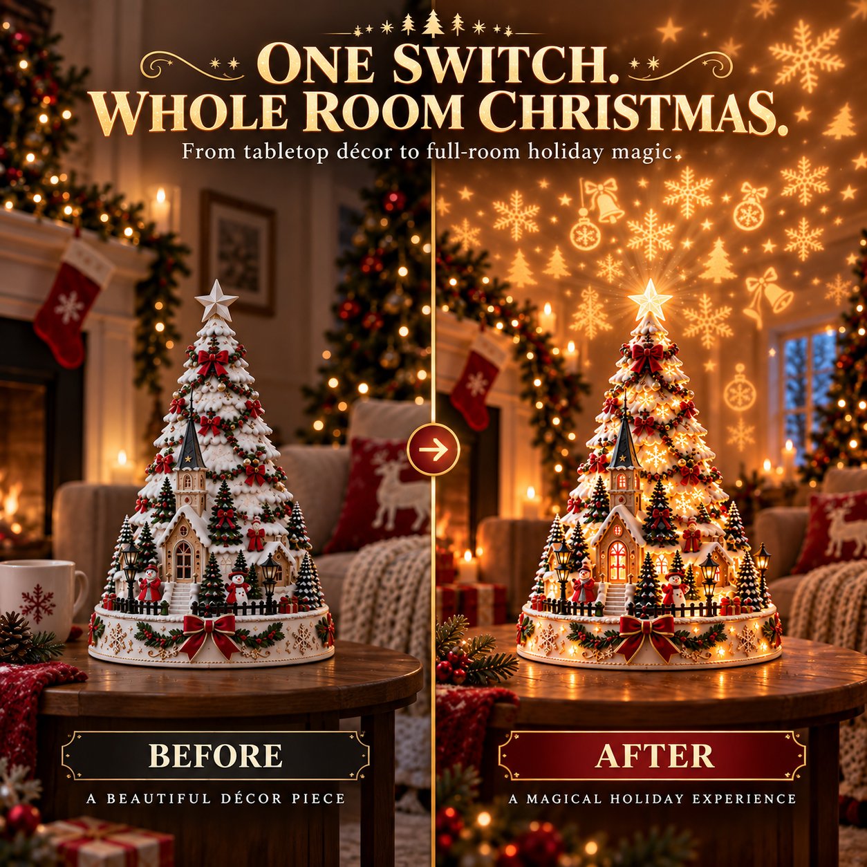 Projection spreading Christmas shapes across walls and ceiling