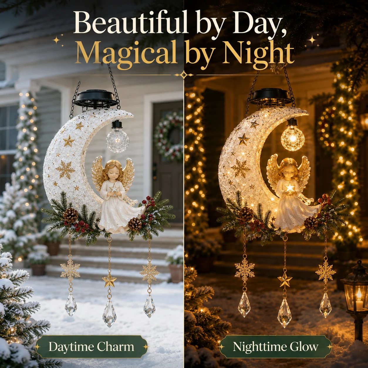 Angel Moon Christmas light daytime and nighttime comparison