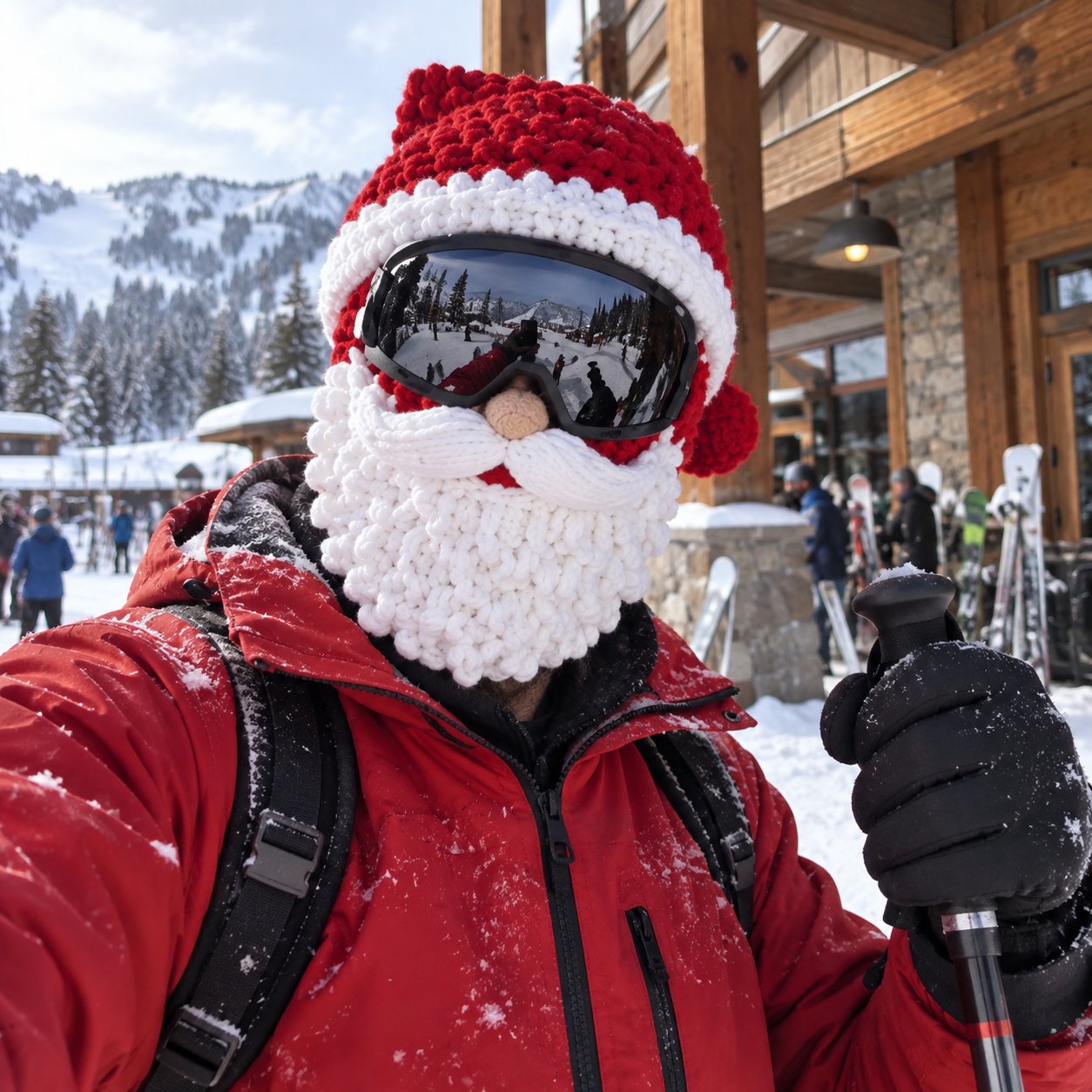 Klantfoto van een Kerstman-skimasker met skibril bij een besneeuwde berghut