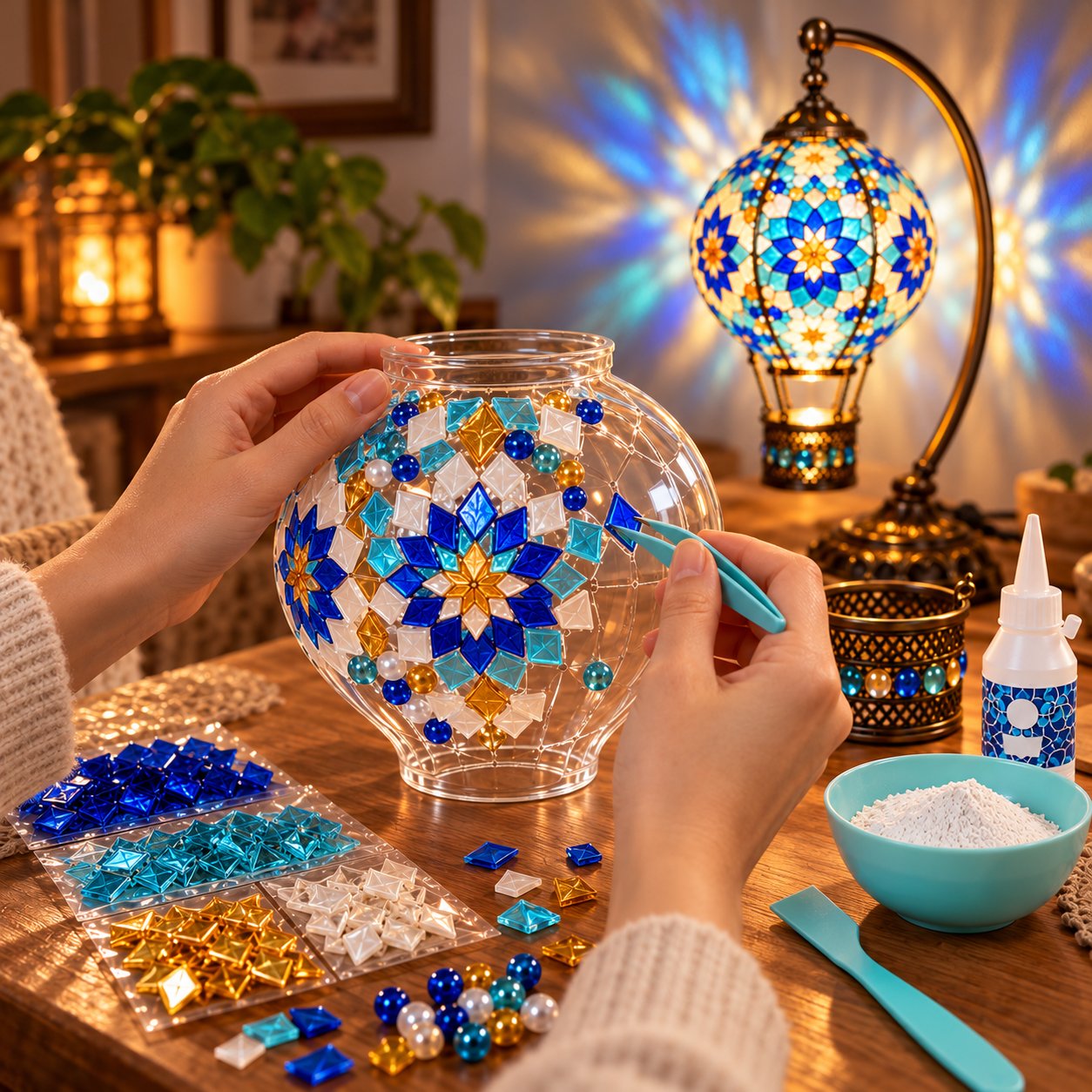 Blue mosaic pattern being built by hand on a clear glass globe