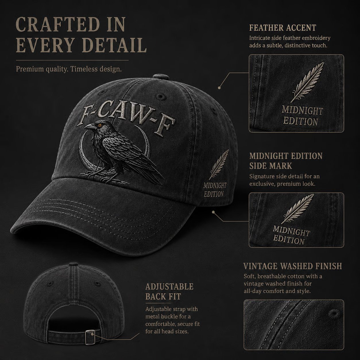 Midnight Edition side embroidery adjustable back and washed fabric