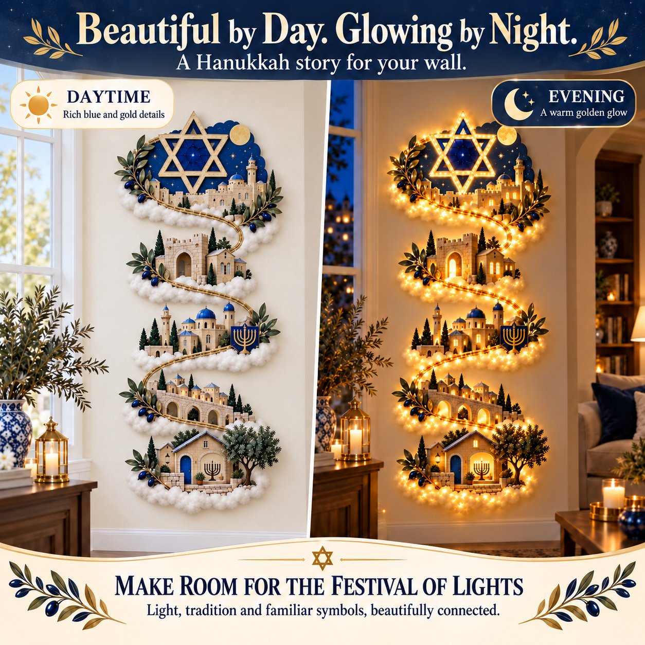 Jerusalem Lights with all decorative lights off in daylight on the left and illuminated at night on the right
