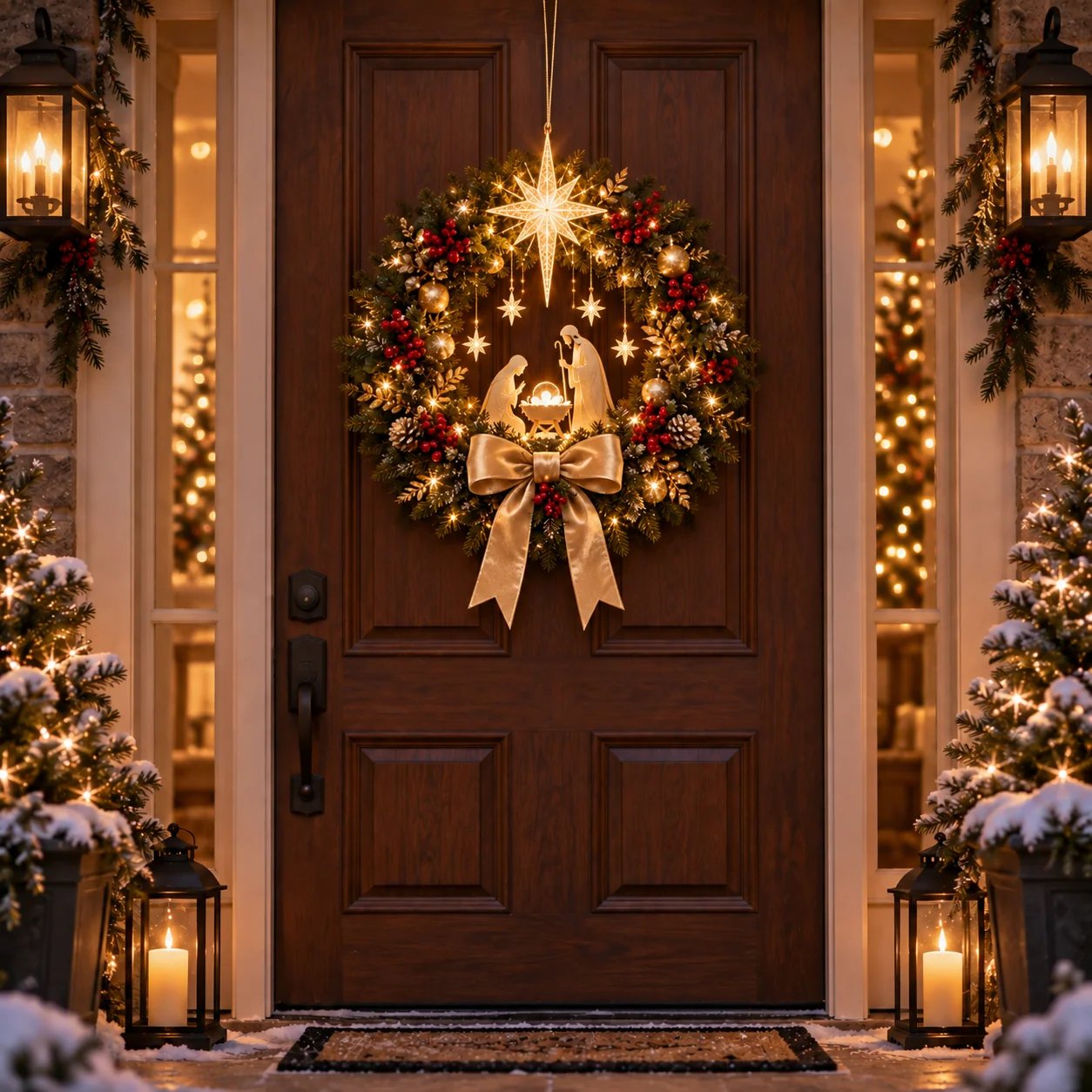 Lighted Nativity Christmas Wreath with Bethlehem Star