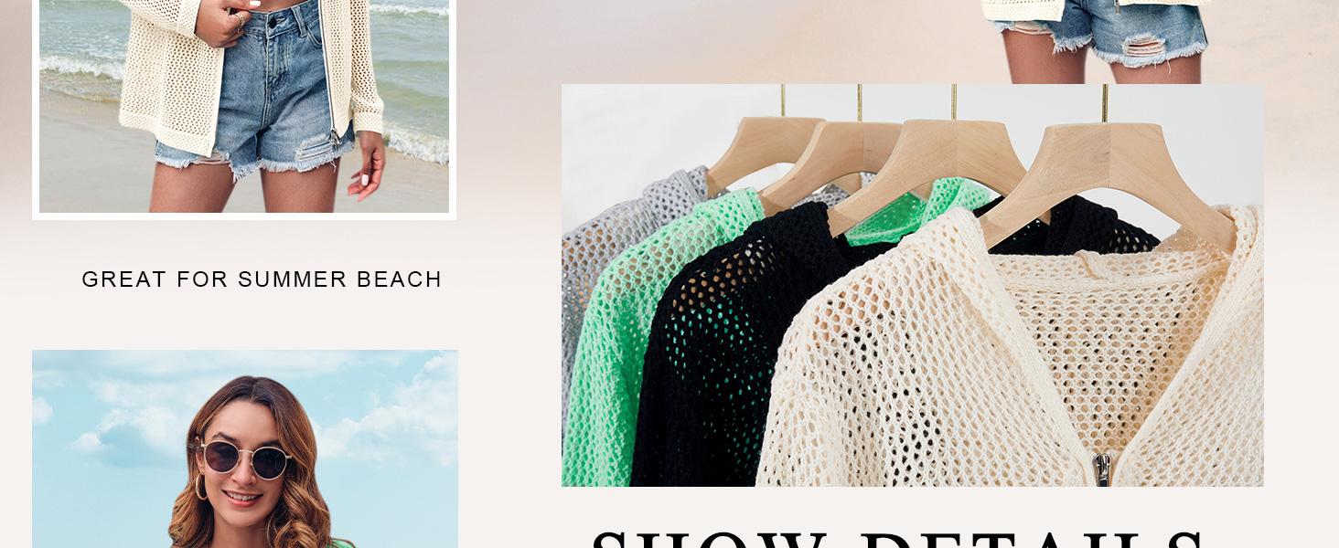 Saodimallsu Women's Crochet Lightweight Cardigan Zip Up Hooded Long Sleeve Knit Sweater Mesh Beach Swim Cover Up for Summer SpringStatements Swimsuit Coverup