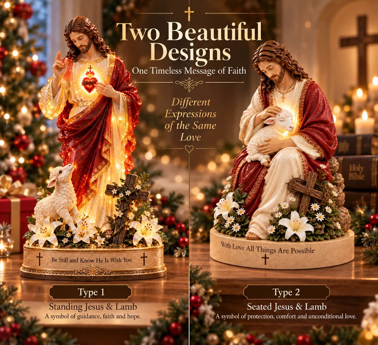 Jesus and lamb lighted faith statue in sea-glass-inspired colors