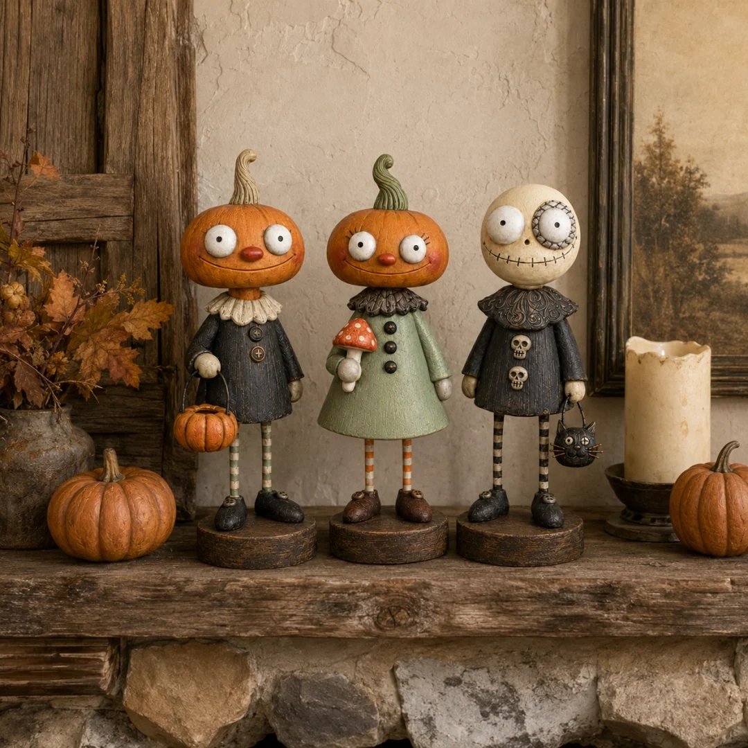Primitive pumpkin and skeleton Halloween figurine collection