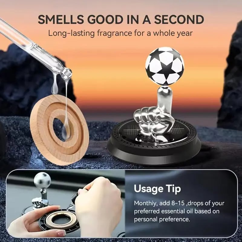 Solar soccer diffuser displayed in a warm vehicle interior
