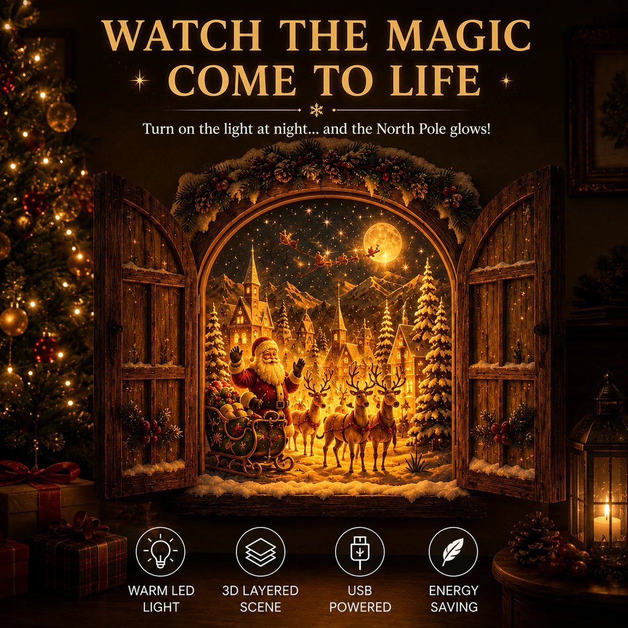 Santa Secret Window Light glowing North Pole Christmas scene
