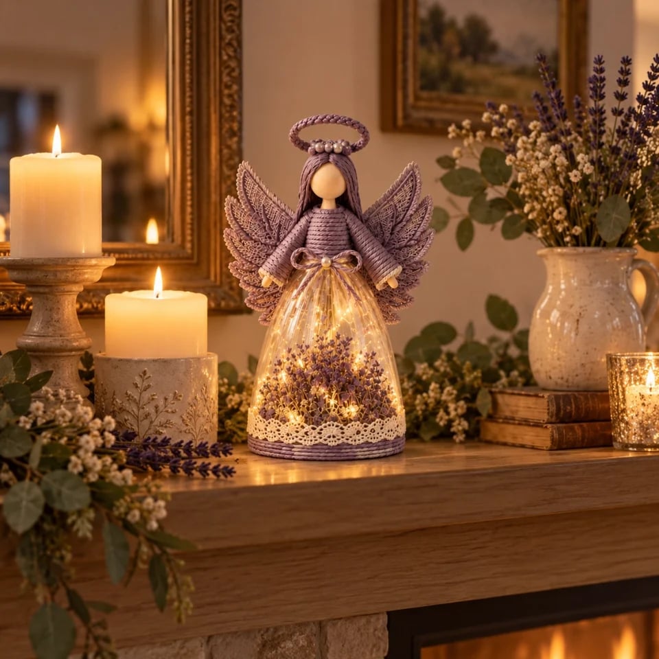 Florale Engel-Figur in Lavendel auf einem Nachttisch im Schlafzimmer