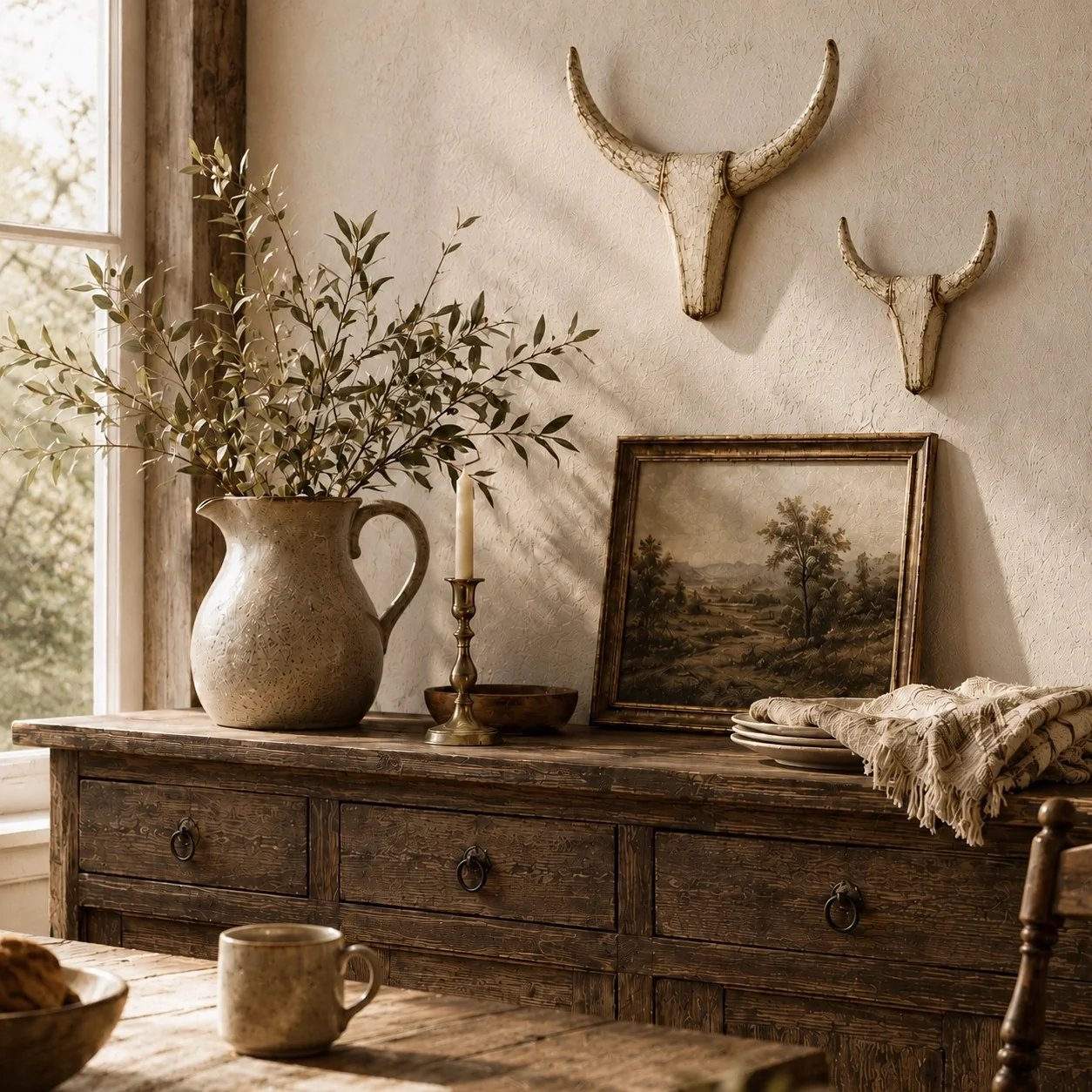 Longhorn wall sculptures above rustic wooden console