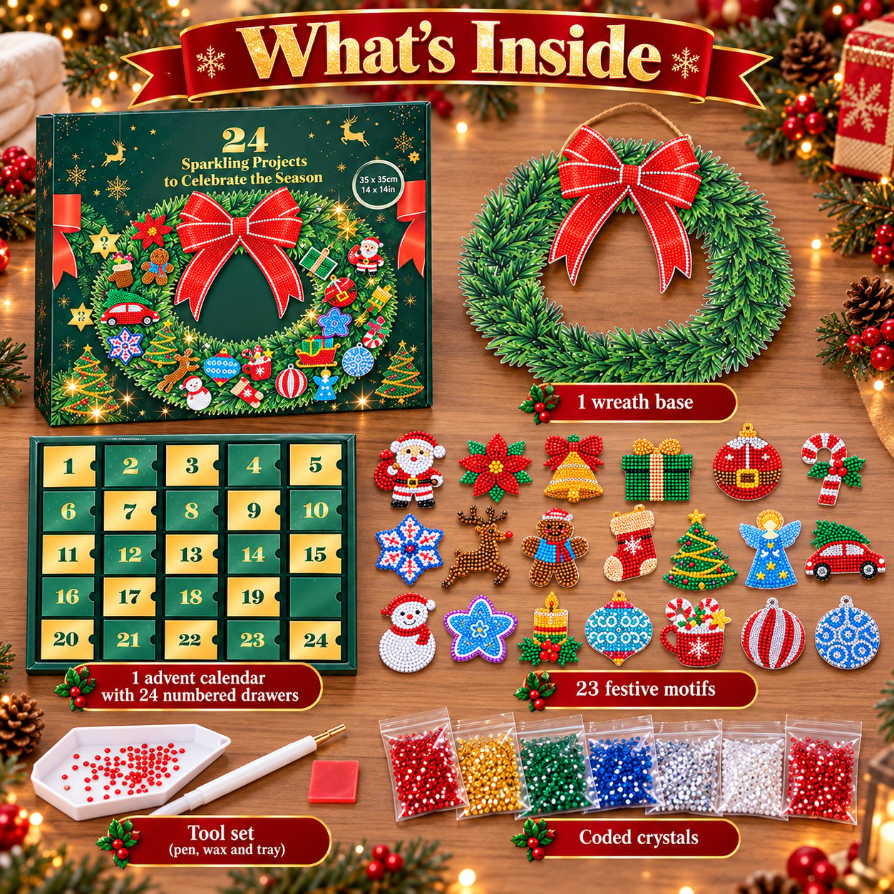 DIY Magnetic Crystal Wreath kit contents including wreath acrylic motifs crystals pen wax and tray