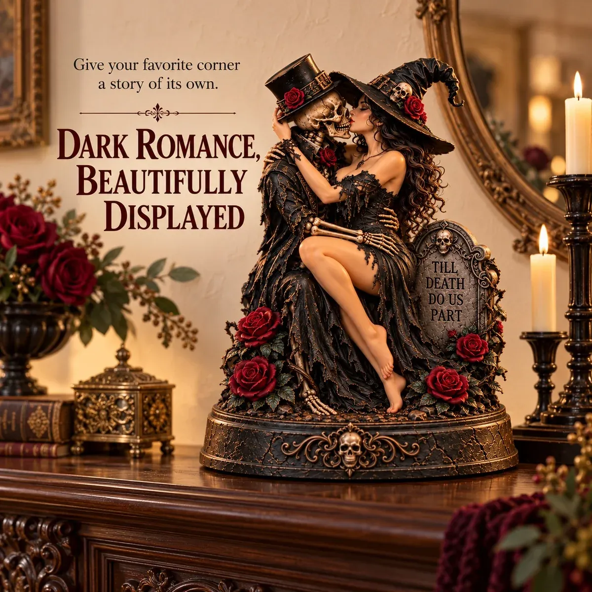 Gothic romance figurine rose petals flowing dress and skull base details in daylight