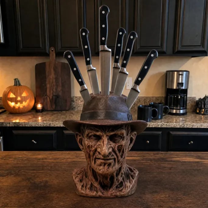 Ceramic horror knife block for Halloween kitchen and gothic decor