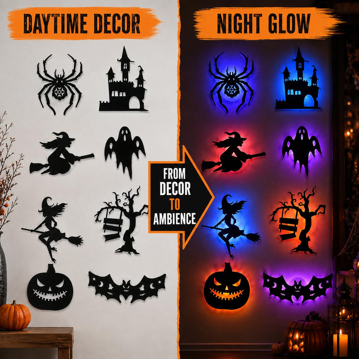 Halloween LED Silhouette Wall Light Stickers, Battery Powered Peel & Stick Decor Lights, No Drill PET Waterproof Wall Decor, Spooky Ghost Pumpkin Witch Bat Castle Spider Tree Ornaments for Home Window Door Party, 9/18/27 Pack Available