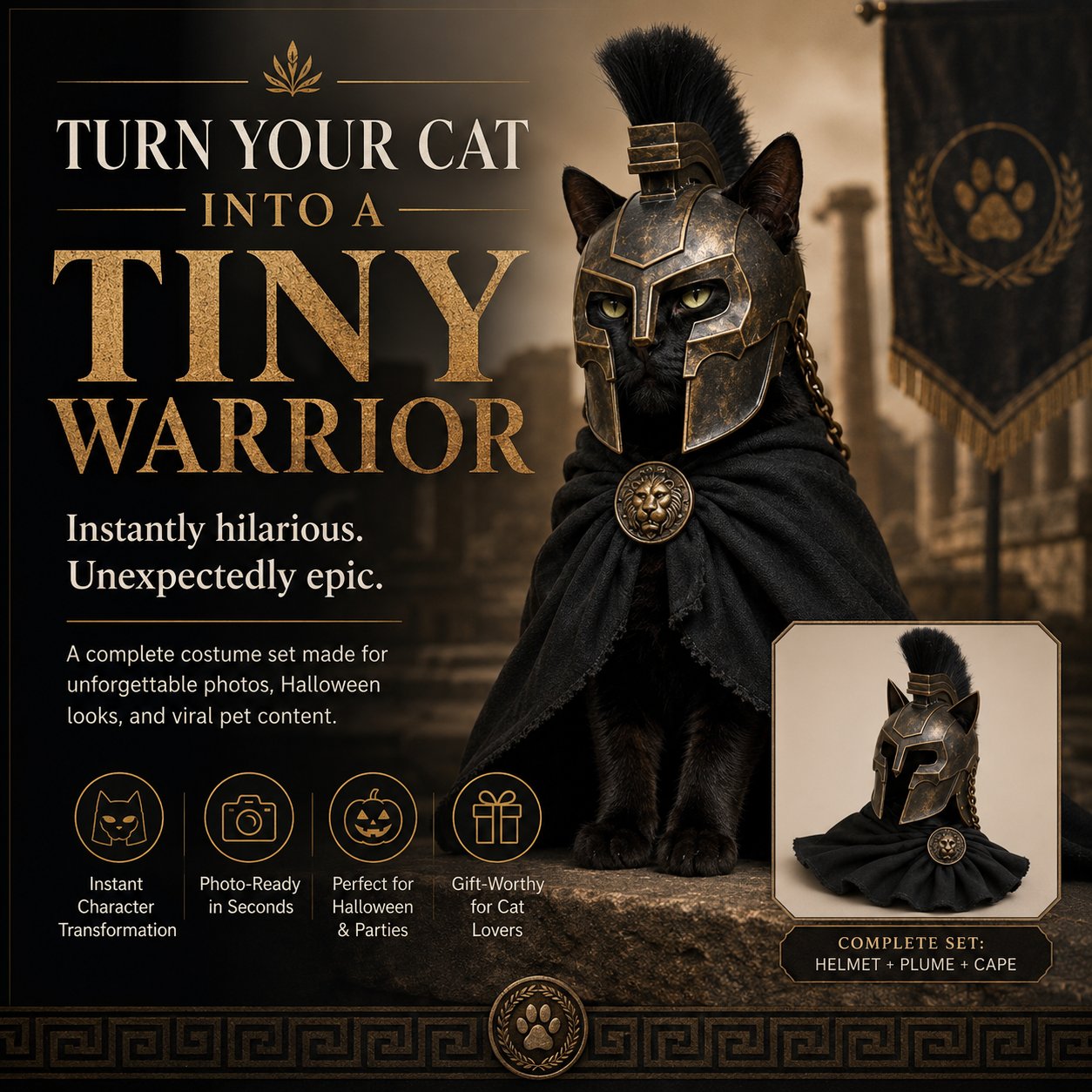 Cat wearing Armageddon warrior helmet