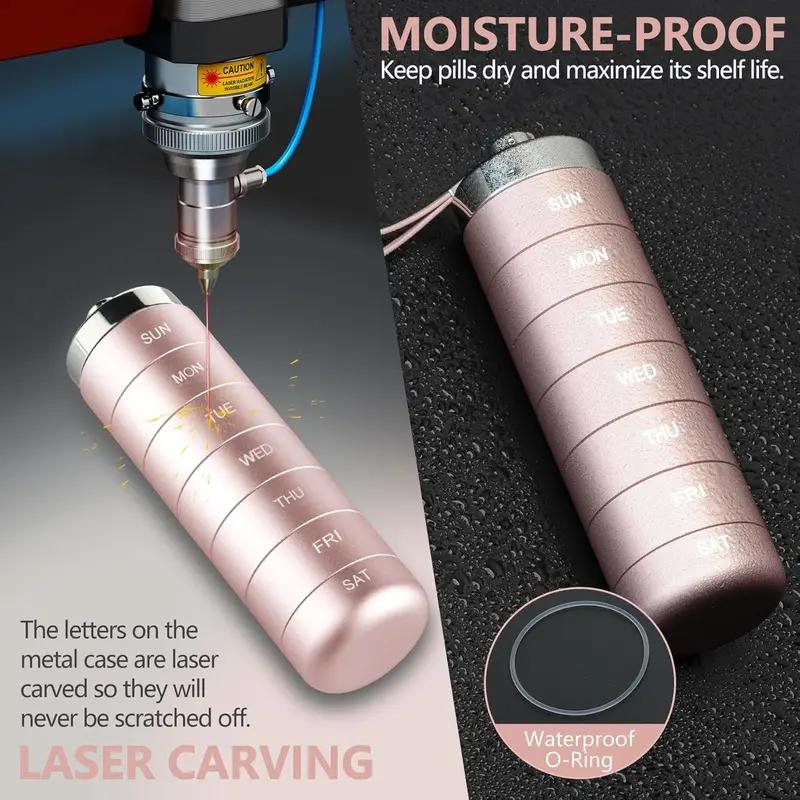 Metal Travel Pill Organizer, Portable Waterproof Weekly Pill Box, Large Aluminum Alloy Container, BPA Free 7 Day Daily Medicine Organizer Holder for Vitamin, Fish Oil, Supplement Storage box