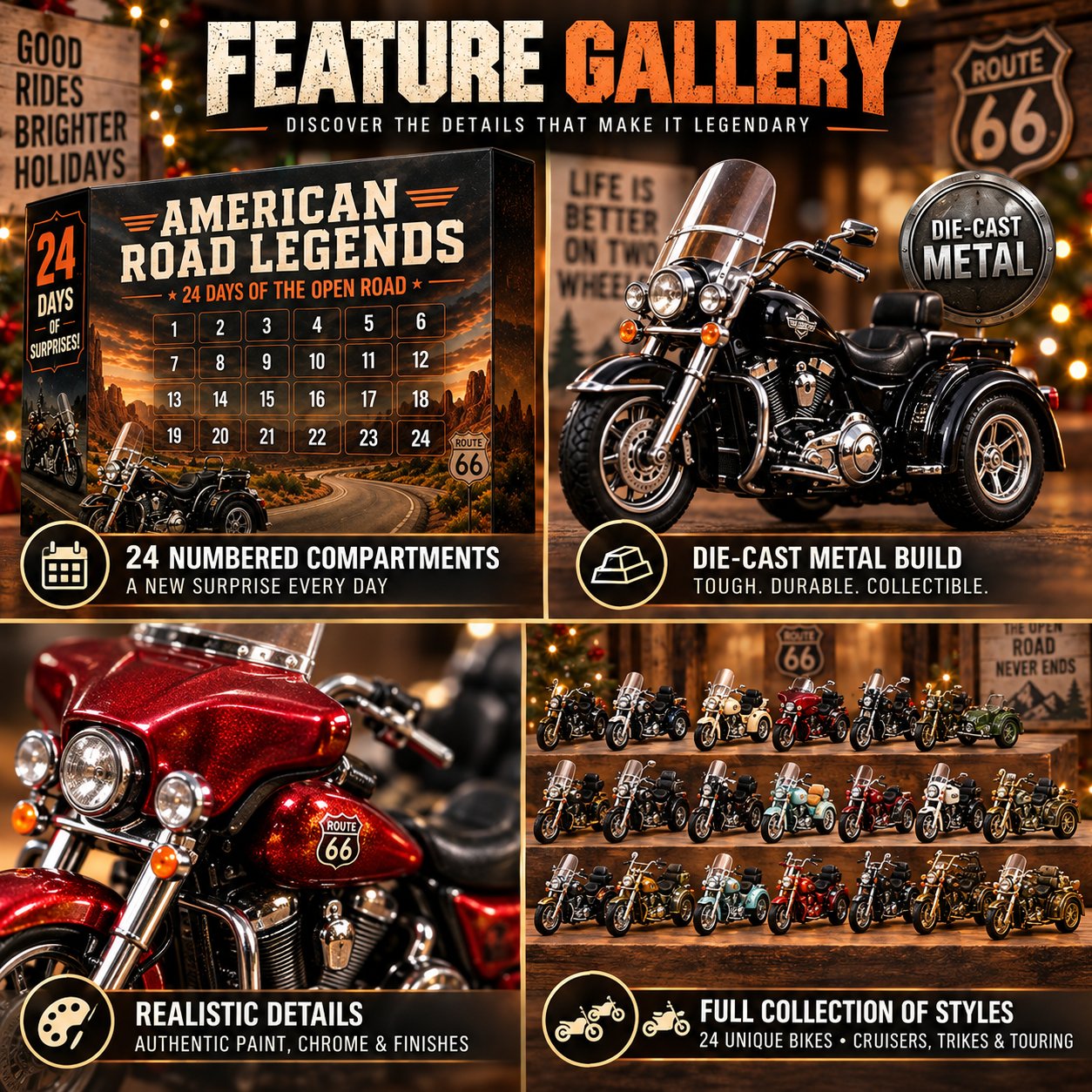 Motorcycle calendar feature artwork showing the countdown box and a variety of motorcycle styles