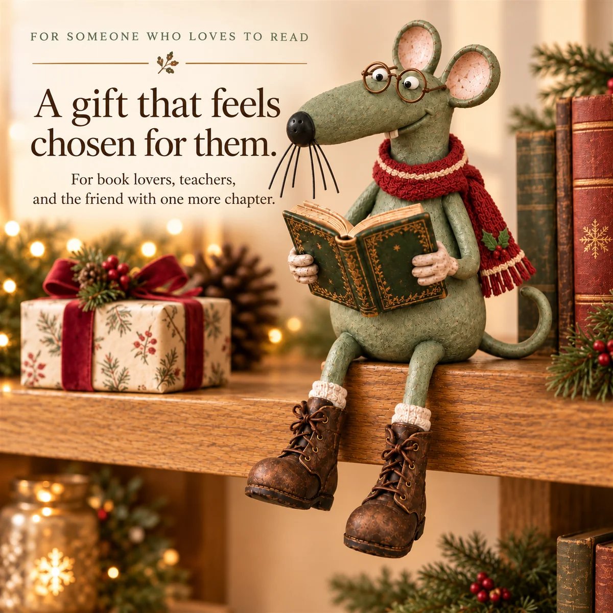 Reading mouse gift idea for book lovers, styled beside a wrapped Christmas present