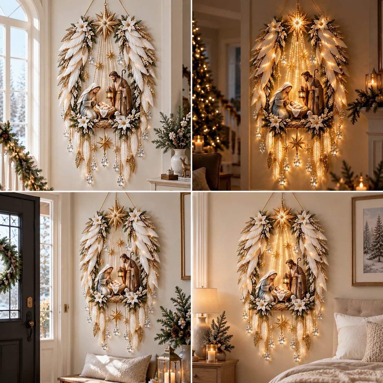 Bethlehem Nativity wall decor shown in multiple home settings by day and night