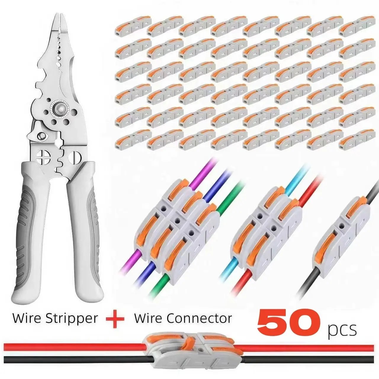 Universal Quick Lever Electrical Wire Connectors (24-12 AWG) Assortment (50/100Pcs) + Wire Stripper - 1 × Stripper + 50 ×Connectors