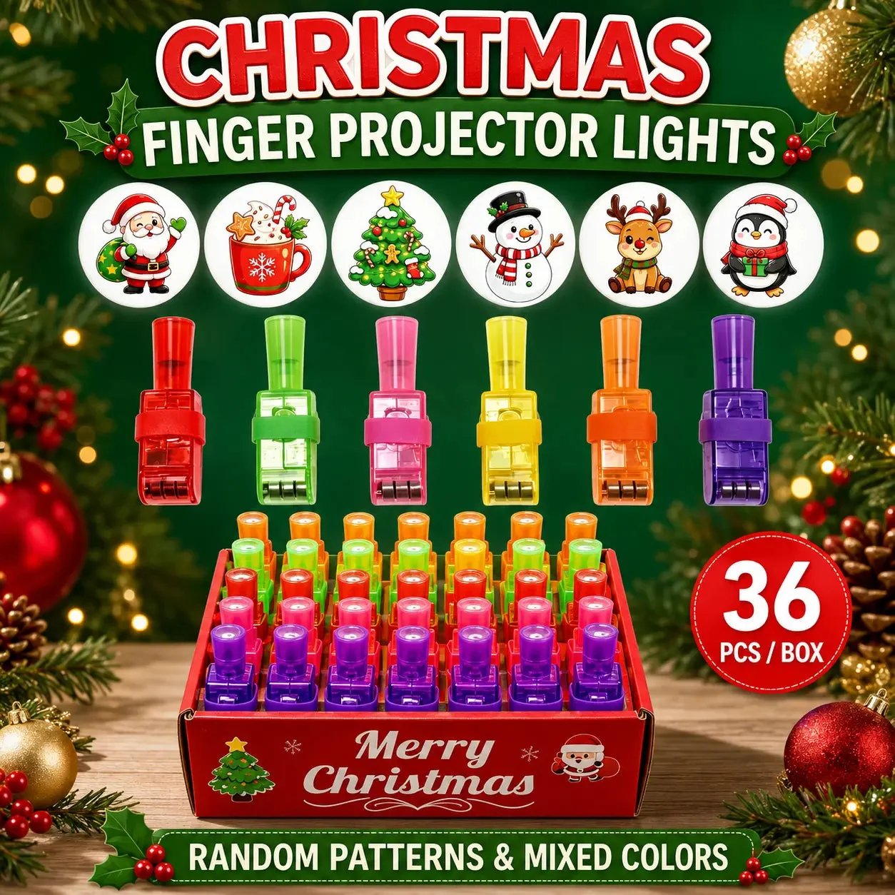 Christmas Cute Character finger projector lights 36 piece assortment