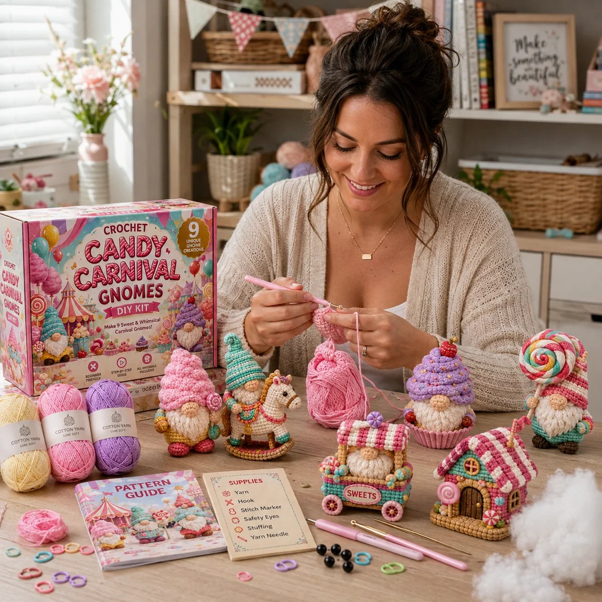 Woman crocheting Candy Carnival Gnome