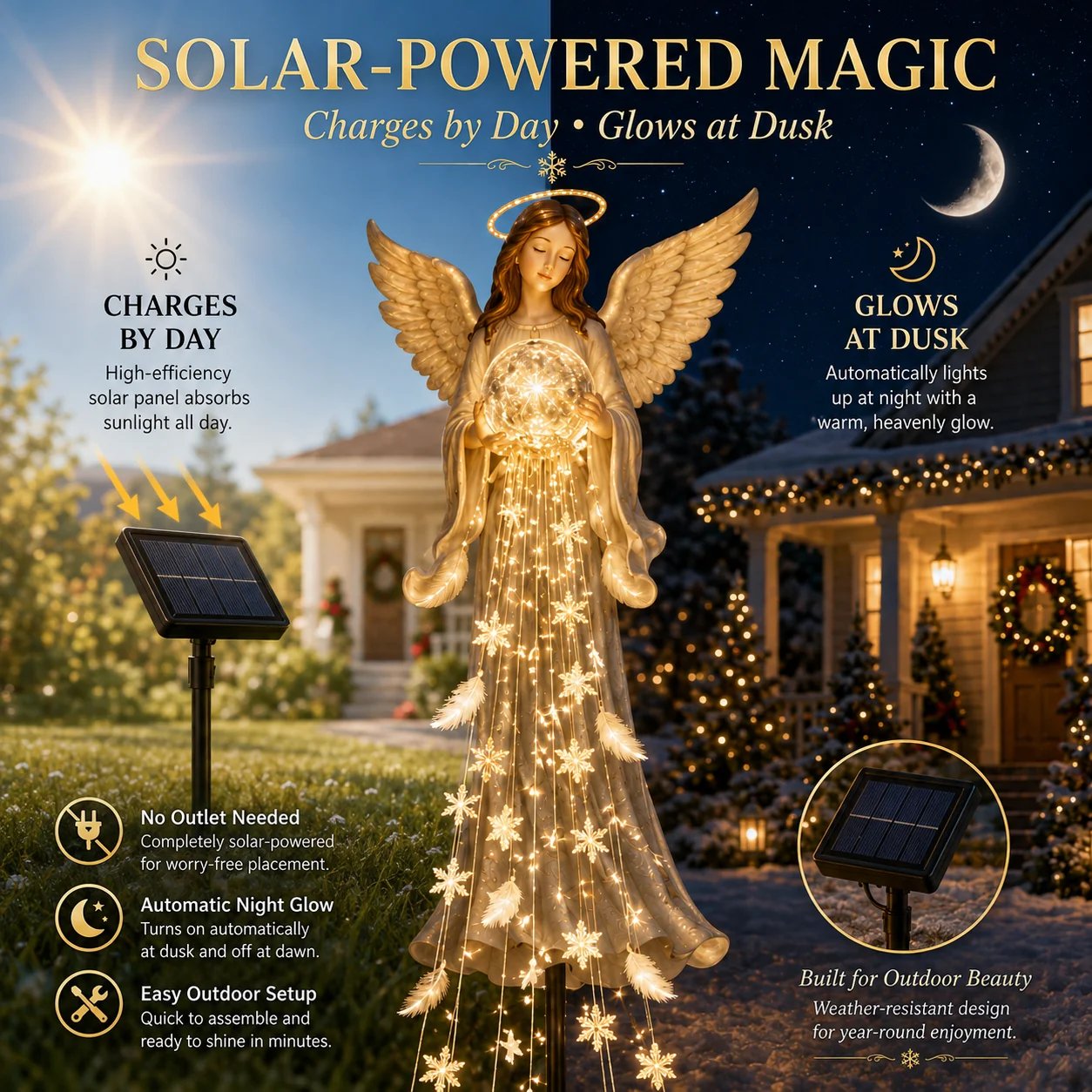 Illuminated angel garden light at night