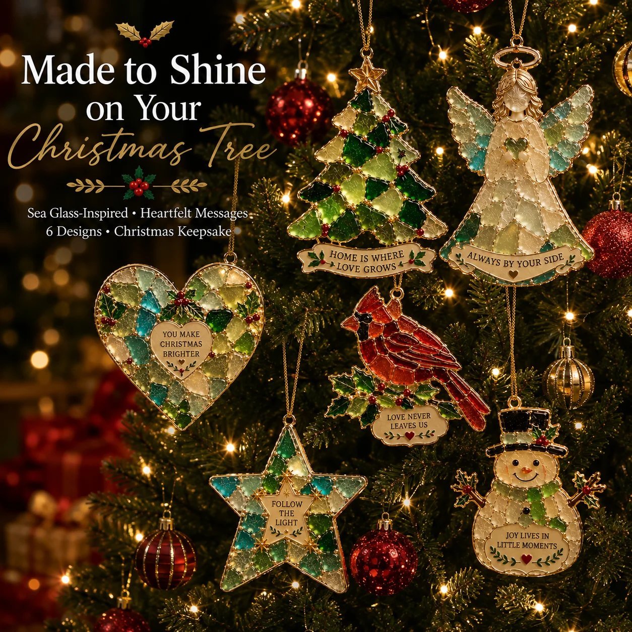 Six Sea Glass Inspired Christmas ornaments hanging on a Christmas tree