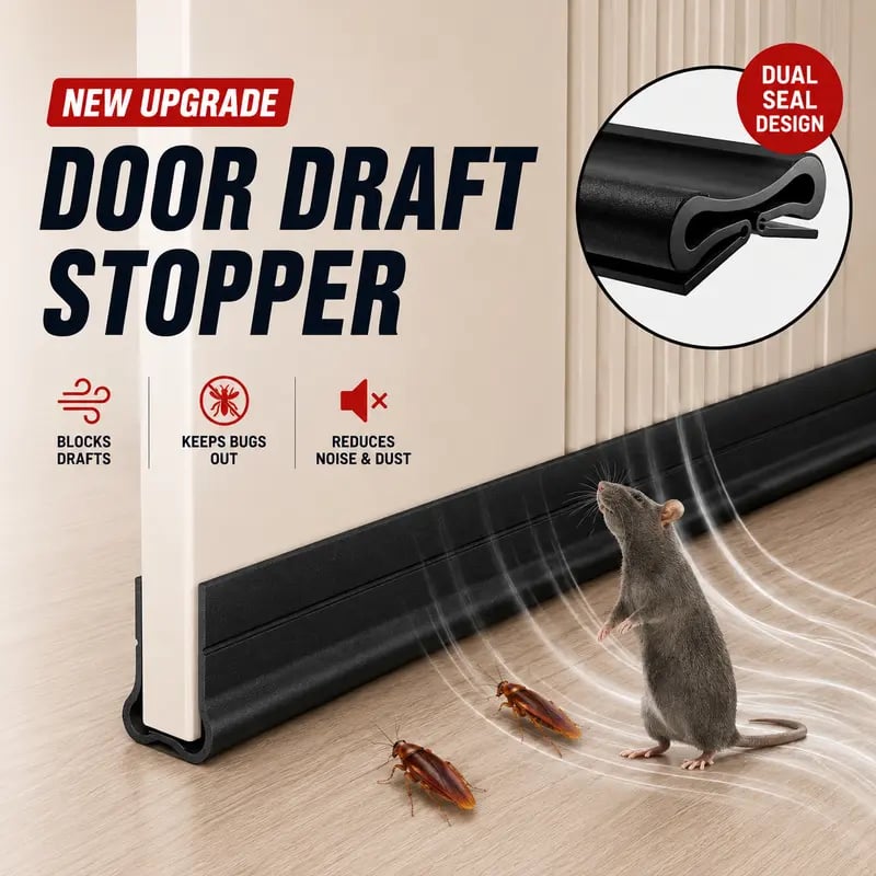 Triple seal under door draft stopper blocking drafts dust insects and noise