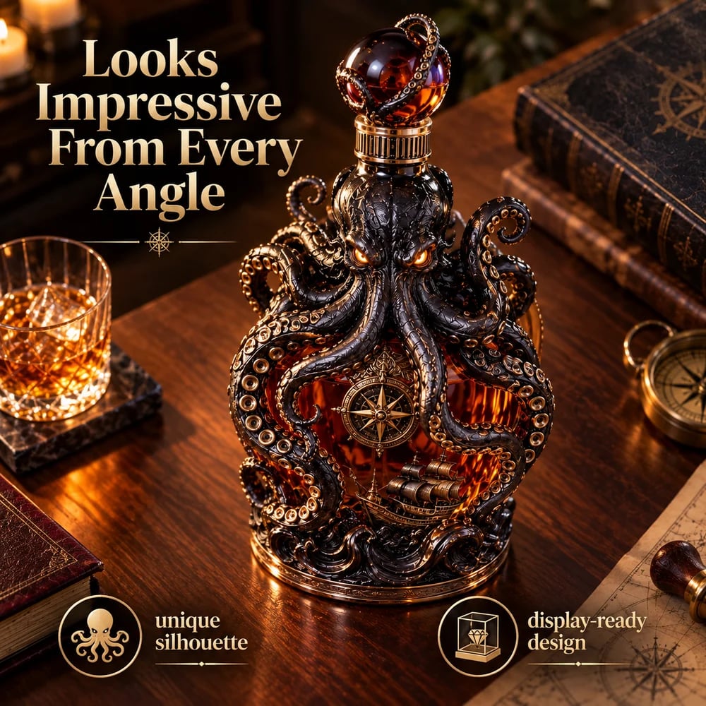 Kraken decanter shown in hand for scale