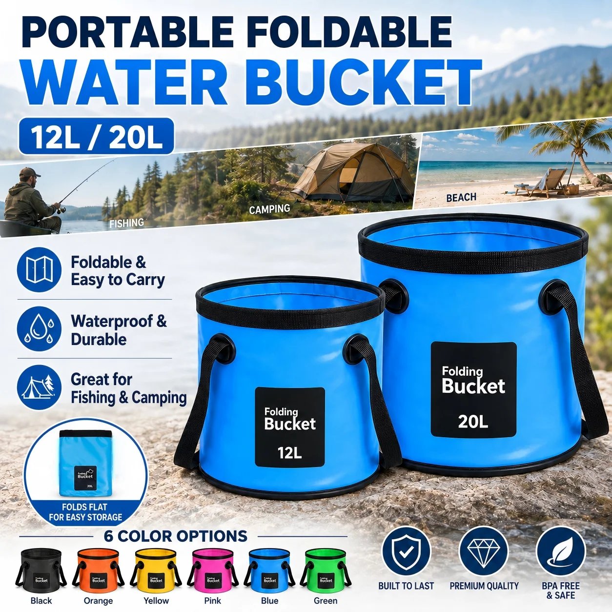 Portable foldable water buckets in 12 liter and 20 liter sizes