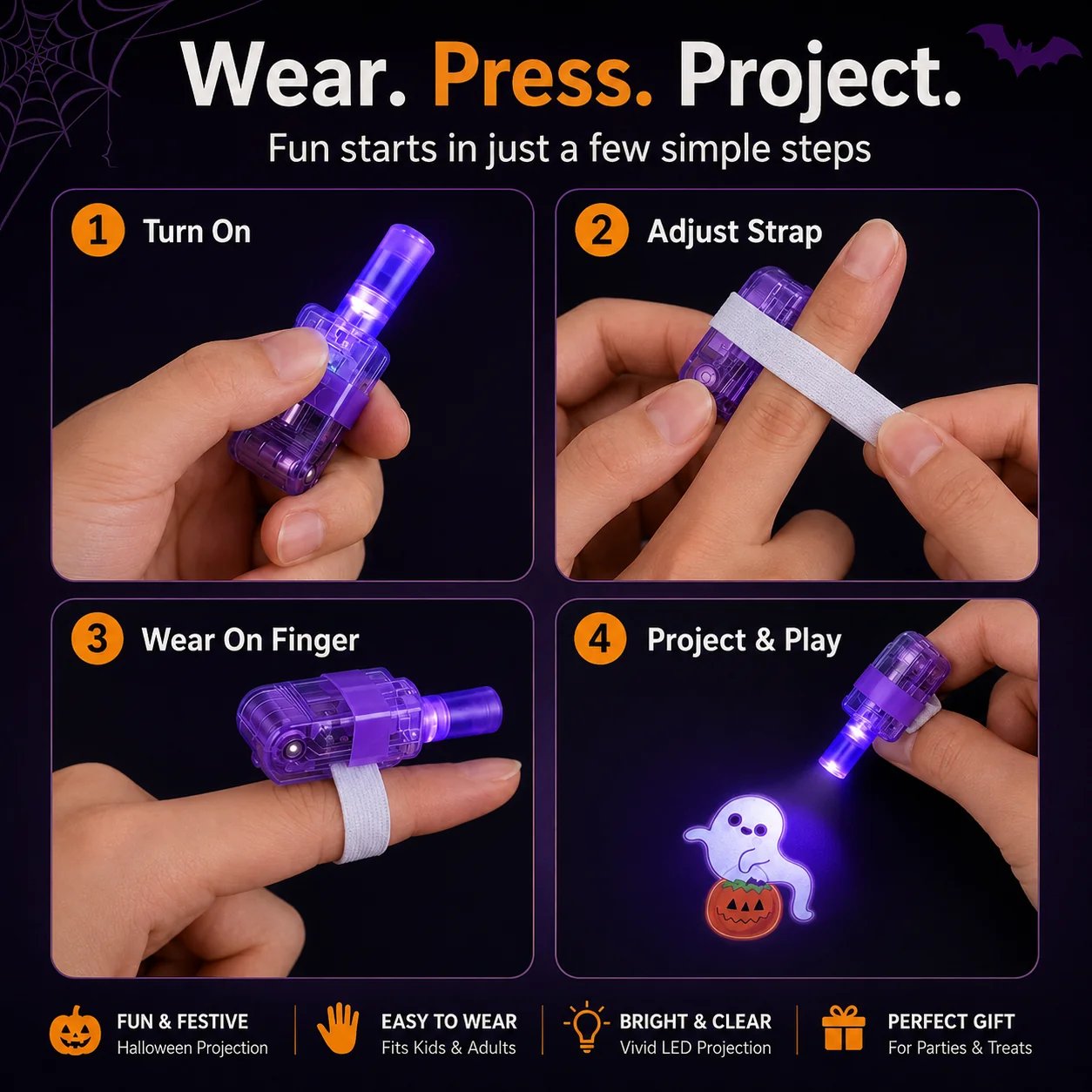 Four step Halloween finger projector light instructions