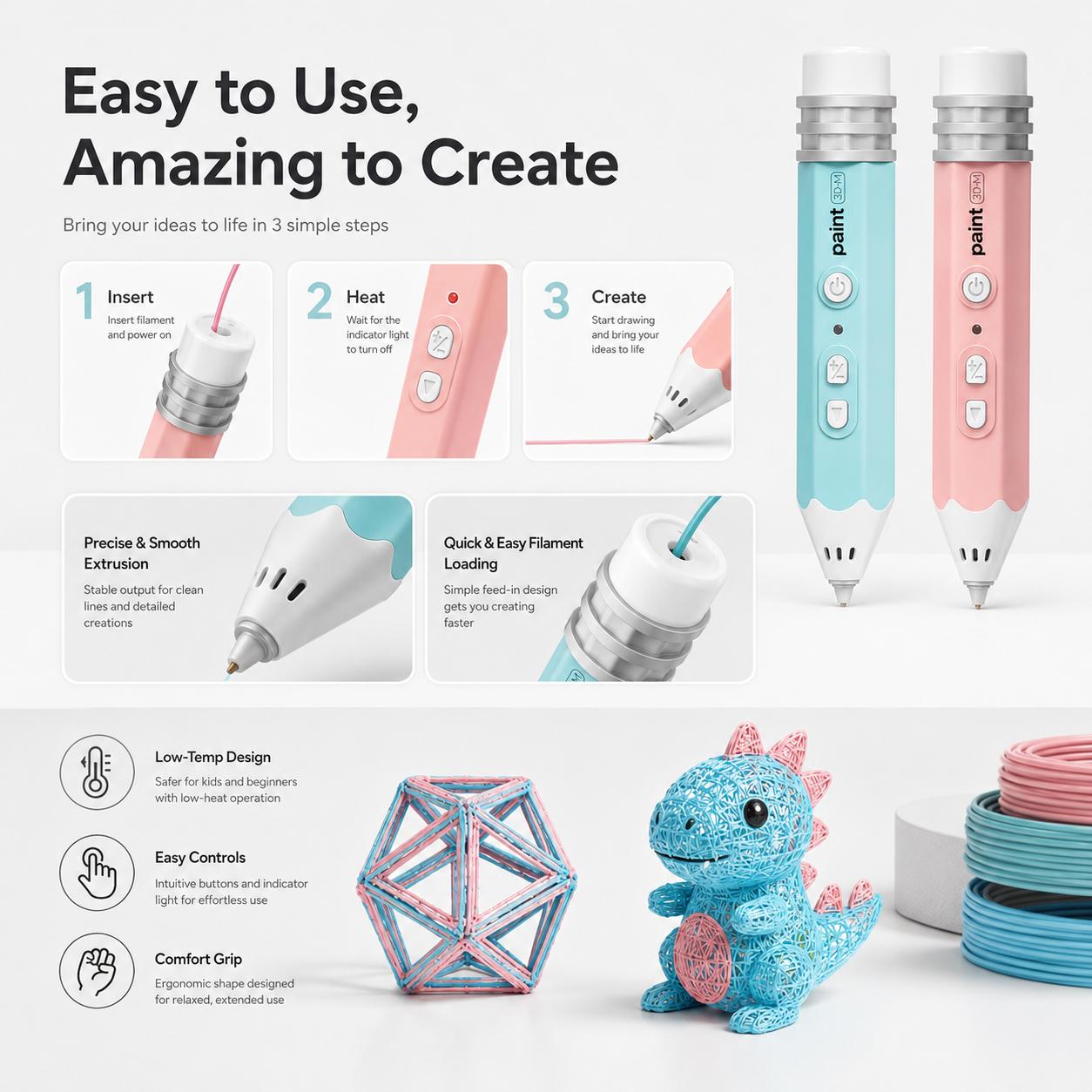 Bubbleverse 3D Pen Set for Kids, Low Heat Child-Safe 3D Pen with USB, 10 Rolls 50cm PCL Filament Refills, PLA Filament Bundle, Includes Stencil Book & Guide, STEM Arts Crafts Birthday Present for Ages 6+