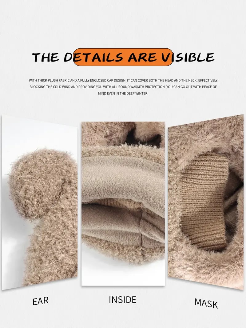 Front and side views of the bear ear balaclava beanie