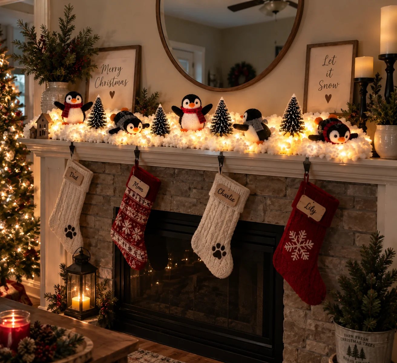 Penguin Christmas Decoration on Fireplace Mantel