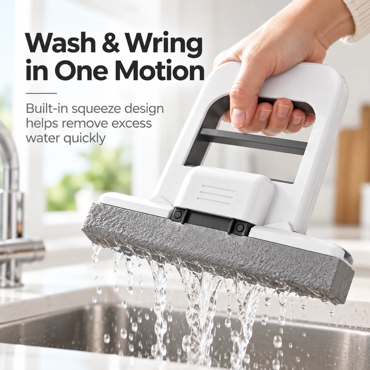 Built-in squeeze mechanism removing water from the cleaning pad over a sink